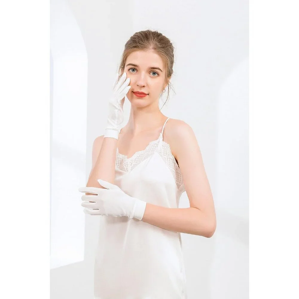 Women's White Pure Silk Sunscreen UV Protection Silk Elastic Index Gloves